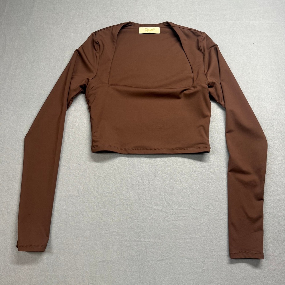 Tik Tok top pick, Qinsen Women Brown Long Sleeve Square Neck Cropped Top - Picture 2 of 8